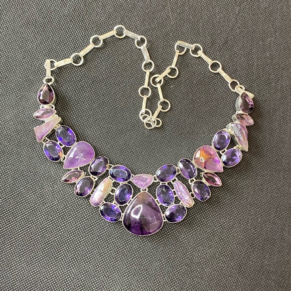 Charoite Necklace with Faceted Amethyst, Charoite and Biwa Pearl Bib Necklace - Picture 8 of 16